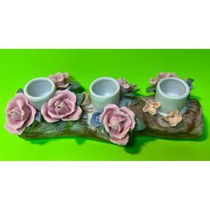 Vintage Candle Holder Porcelain Floral 3 Roses Ceramic 7.5" Decor Centerpiece